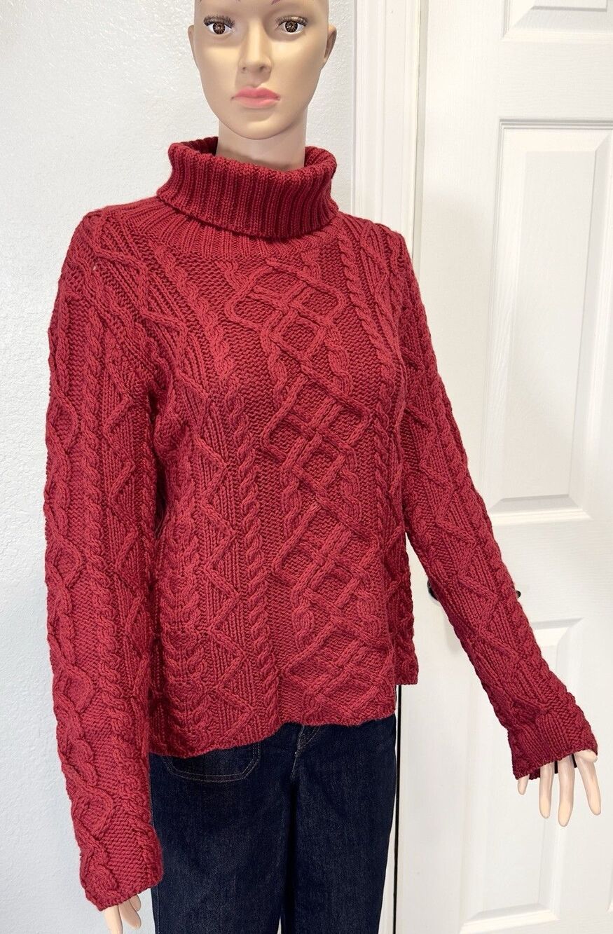 Paul James England 100% Wool Aran Cable Knit Fisherman Turtleneck Sweater S Red